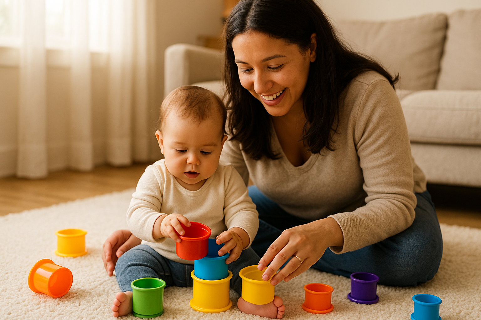 a mum and baby playing with stacking cups